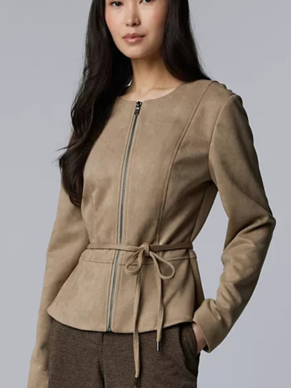 Simply Vera Wang Taupe Tie-Waist Suede-Look Jacket
